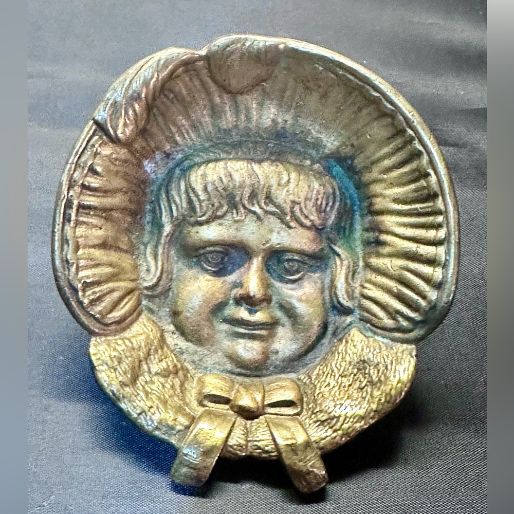 Antique Brass Baby Bonnet Figural Ashtray Or Change Dish